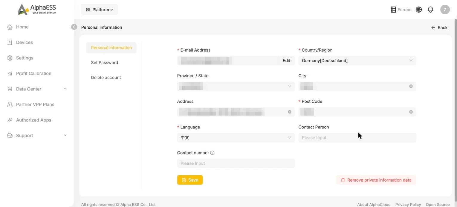 Personal information page
