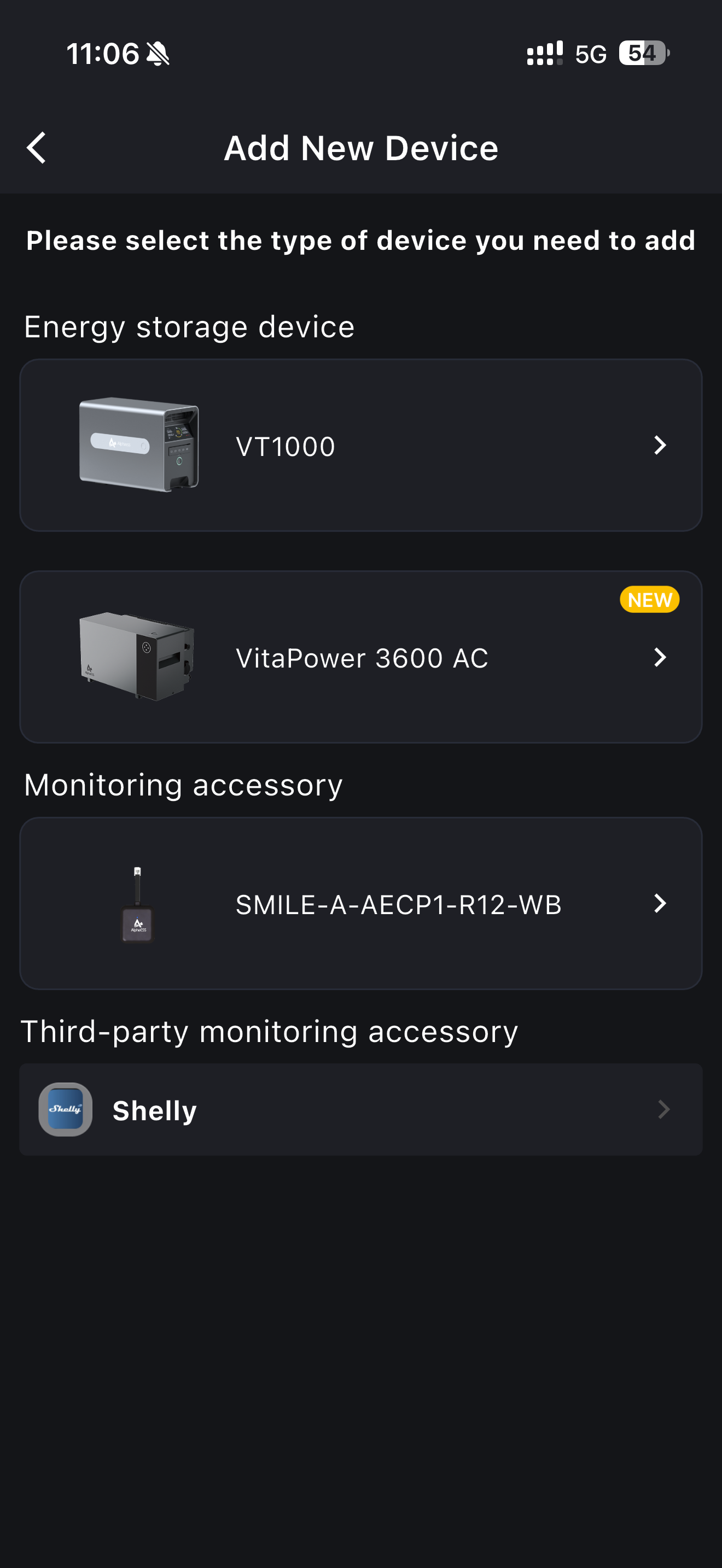 Device type list once VitaPower 3600 AC is bound, showing only the accessories that fit it