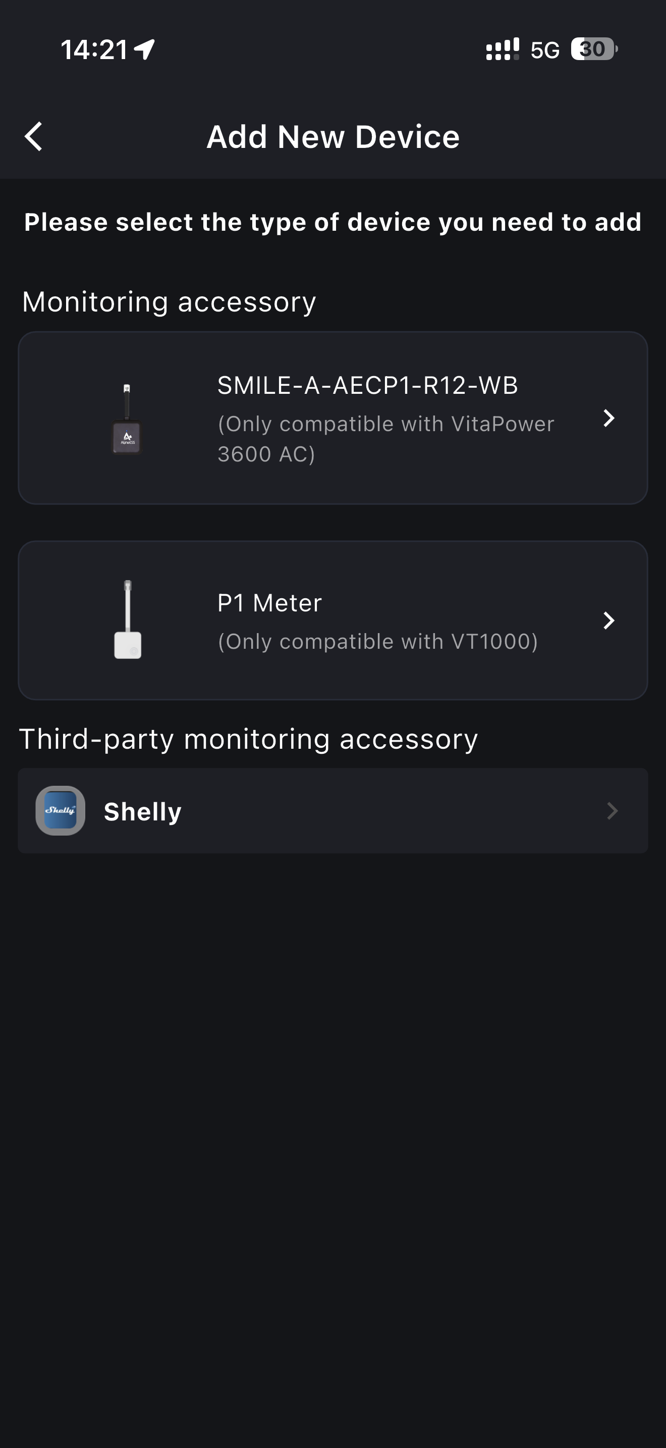 Device type list reached from the grid side, listing the monitoring accessories and Shelly