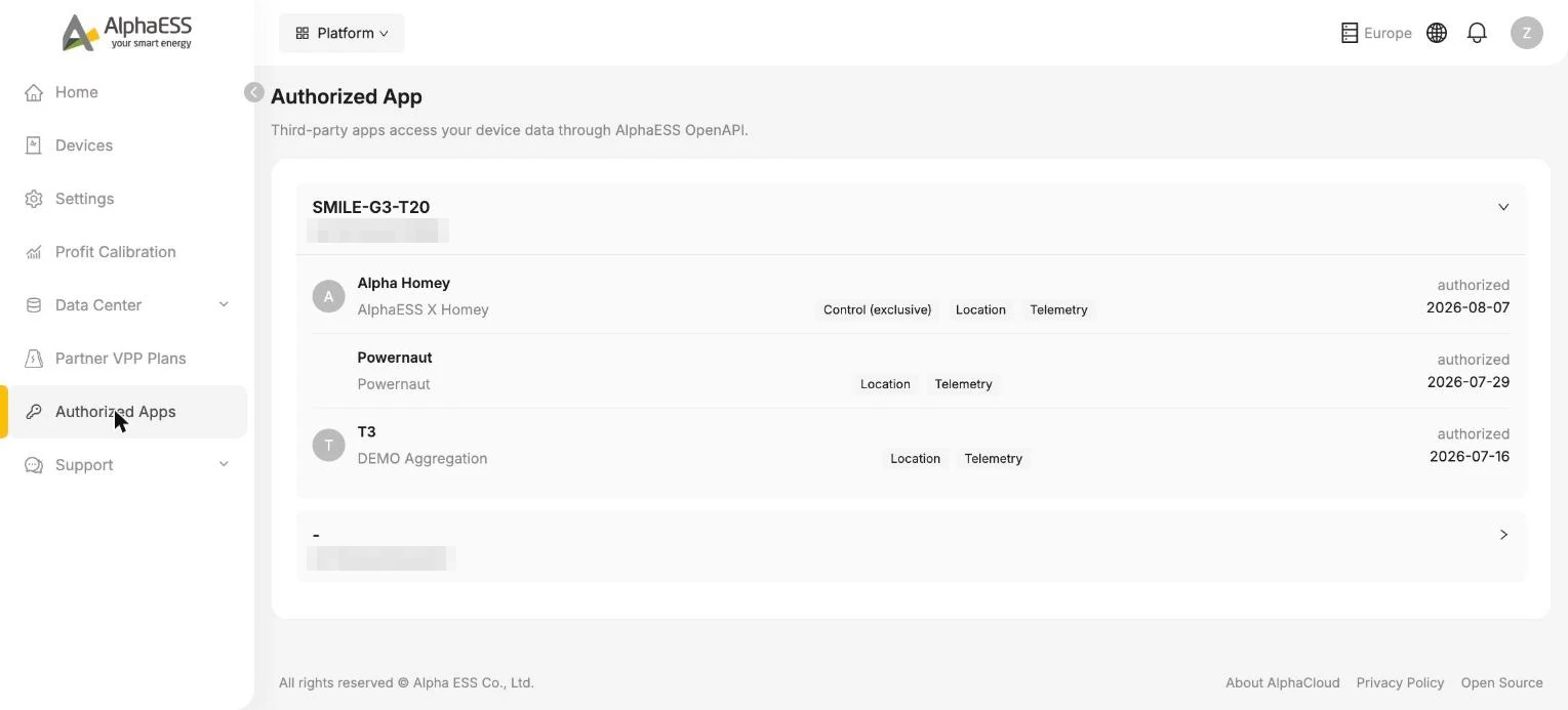 Authorized Apps page