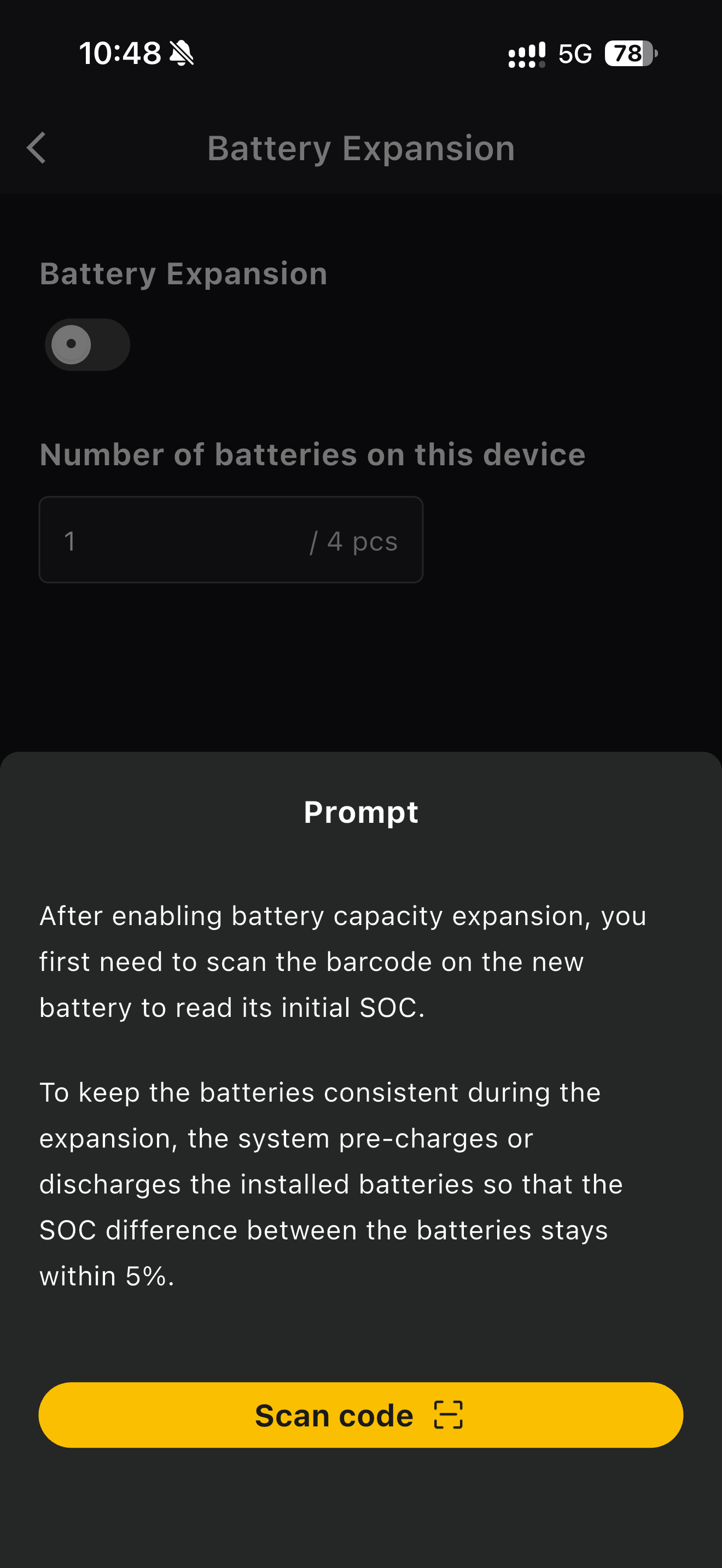 Battery Expansion page with the prompt asking you to scan the new battery
