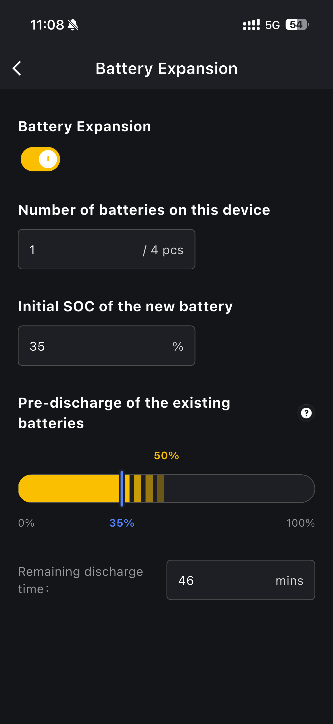 Battery Expansion page showing battery count, the new battery SOC and the pre-discharge progress
