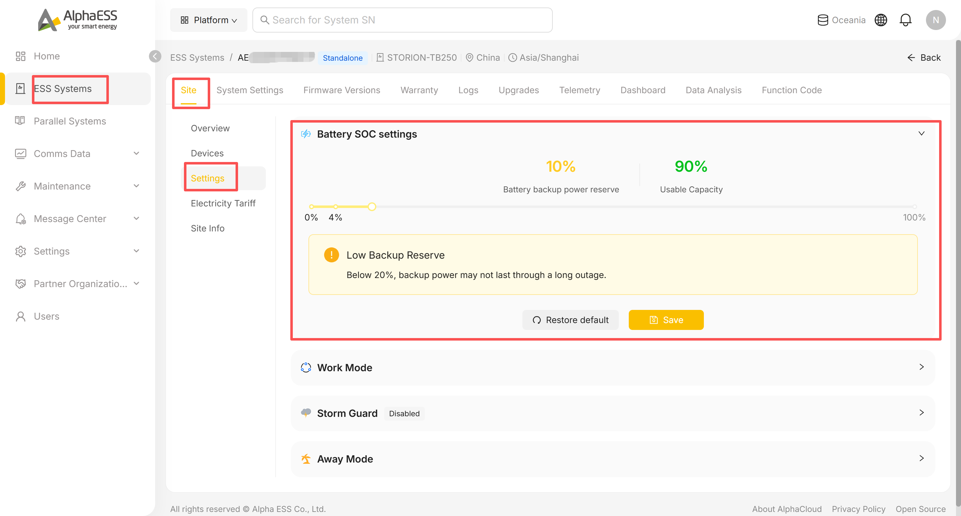 Battery SOC settings expanded, showing the reserve slider and a low-reserve warning