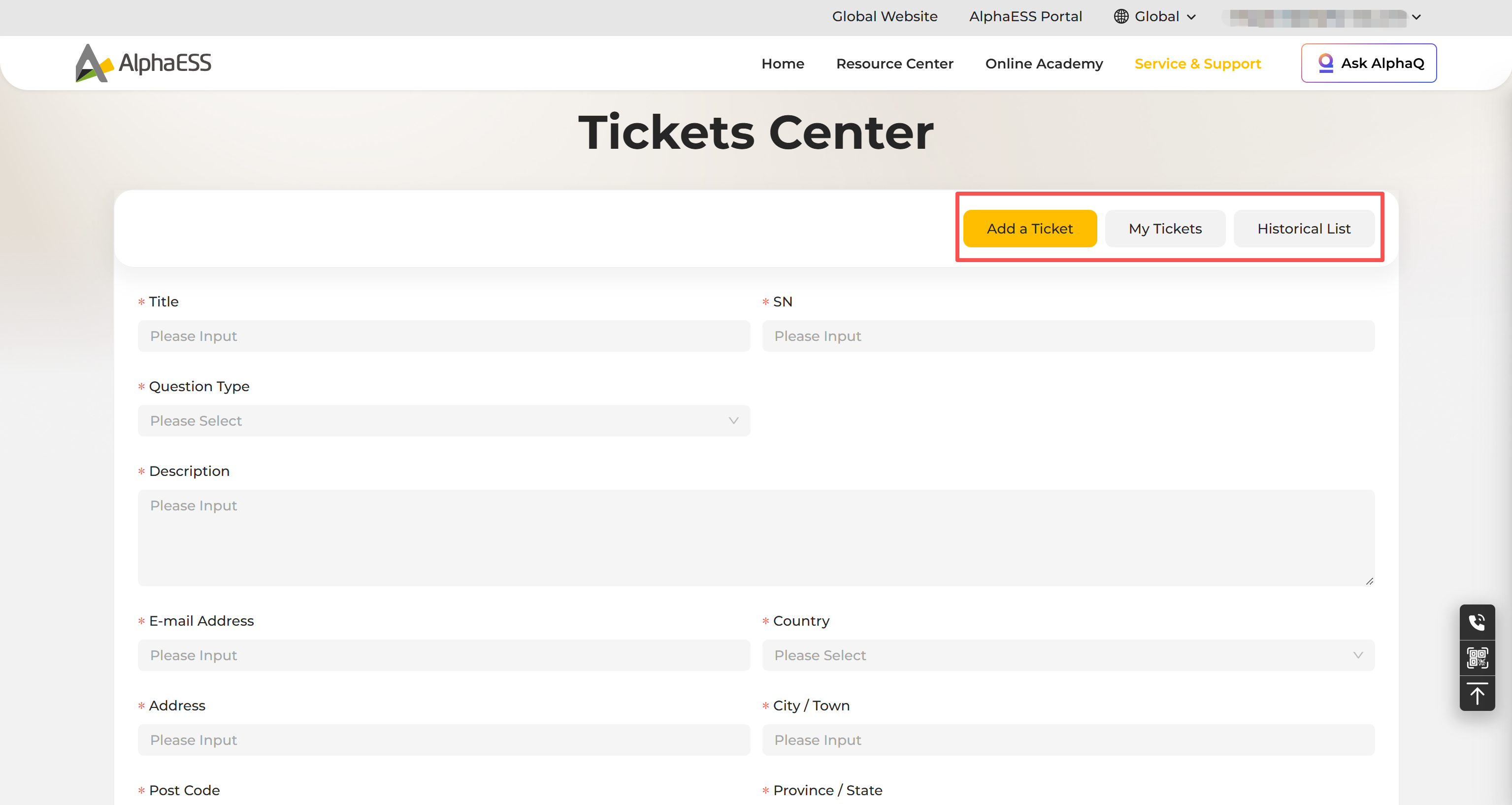 Online Service Center → Tickets Center: Add a Ticket form
