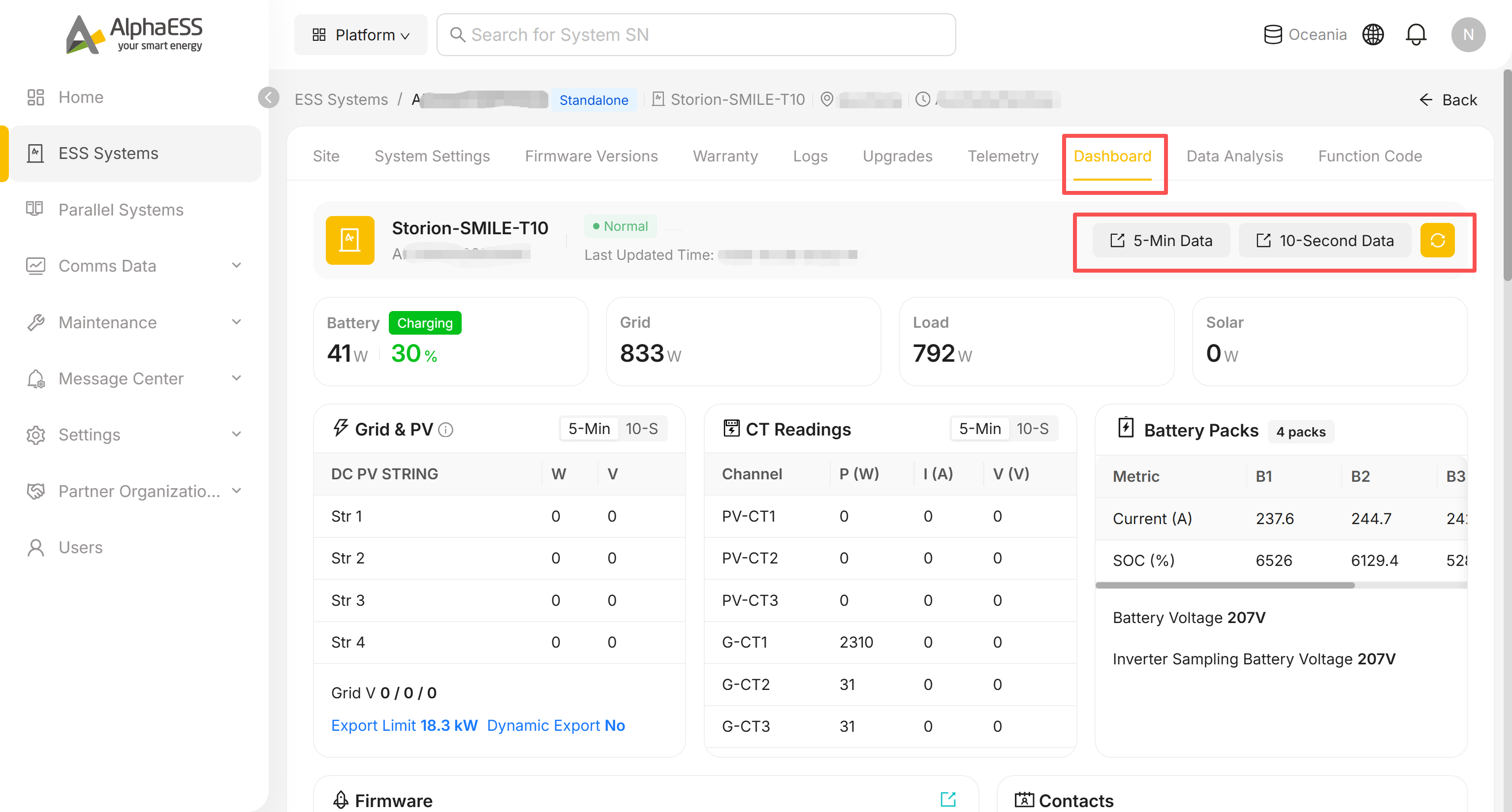 Dashboard: 5-Min Data / 10-Second Data shortcuts