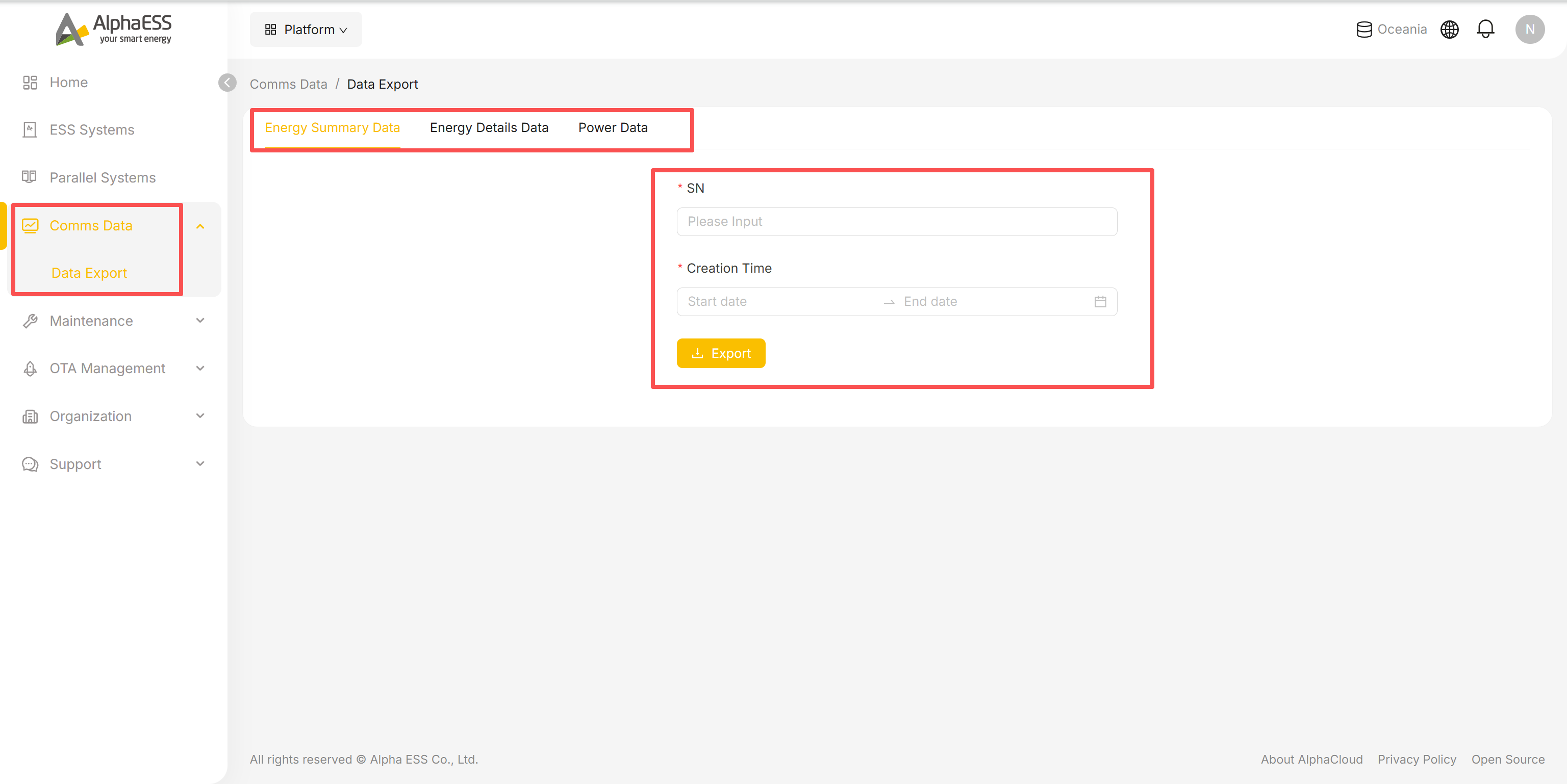 Data Export: tabs, SN and Creation Time, and the Export button