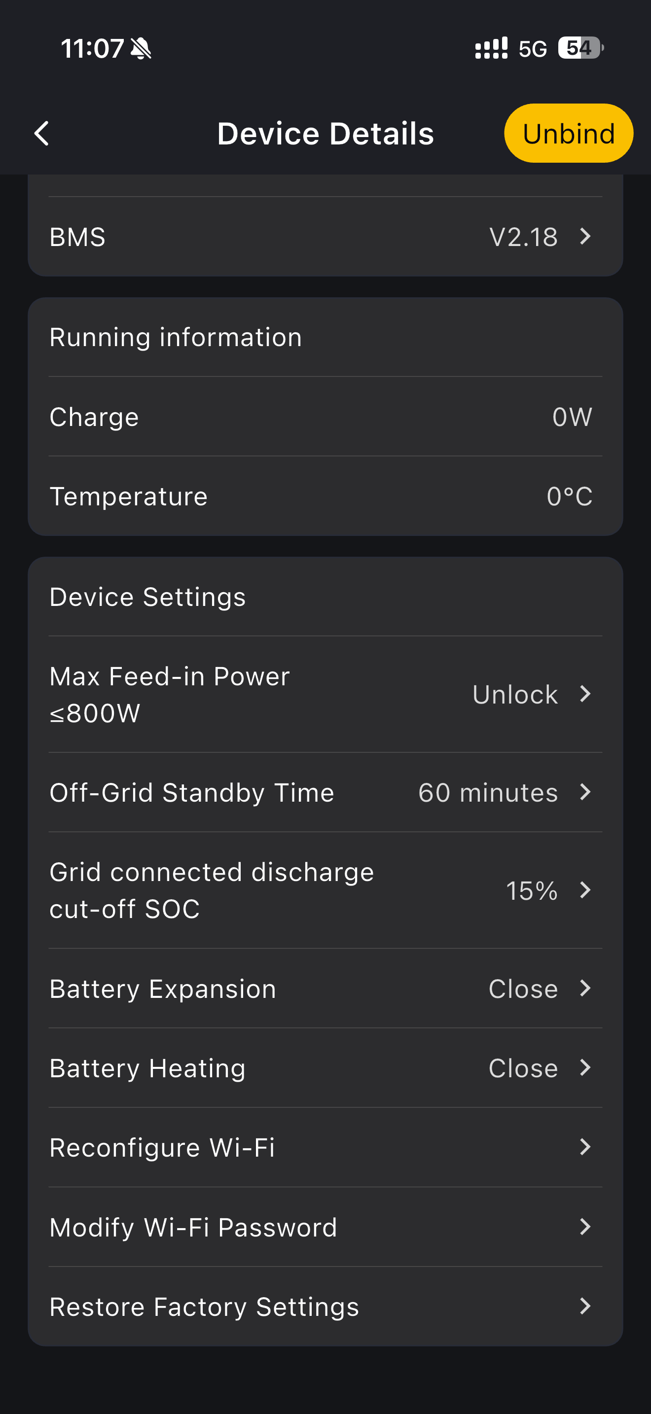 Device details page with the device settings list
