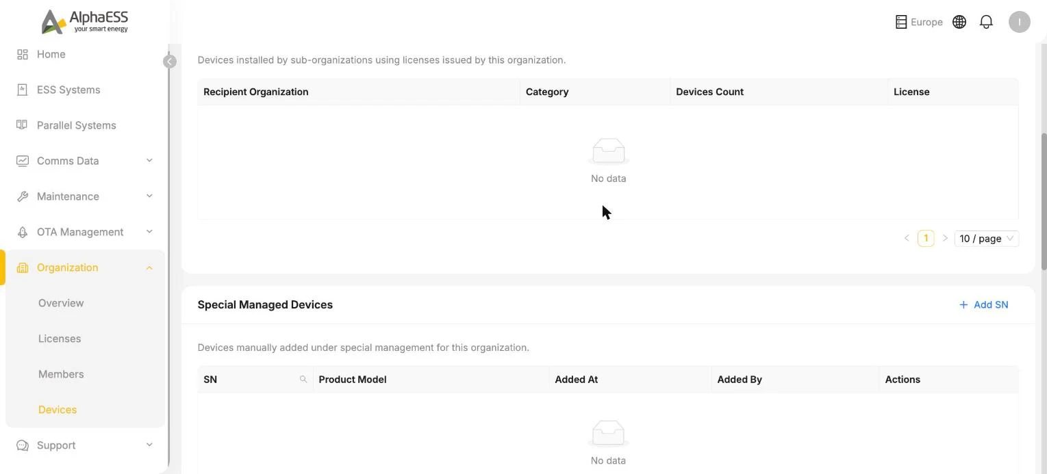 Special Managed Devices section and the Add SN entry point