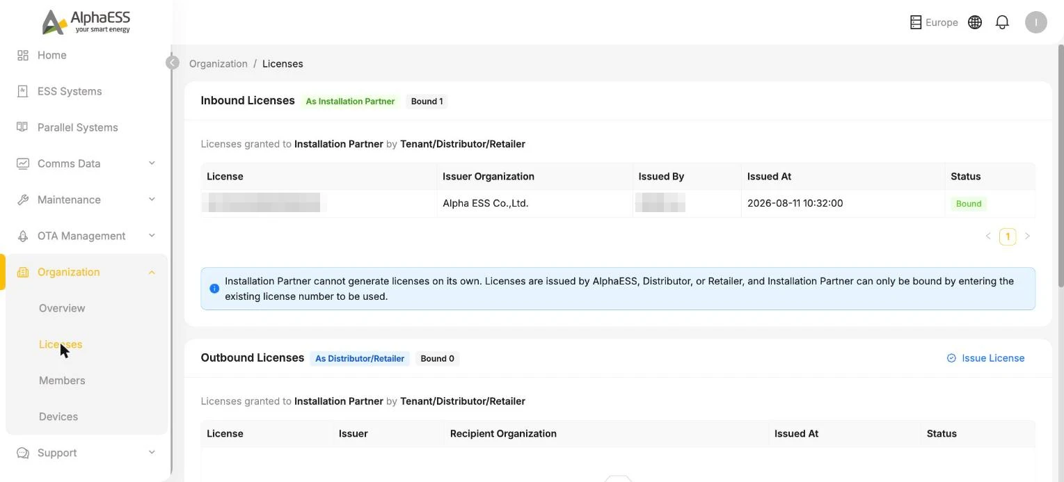 Licenses page: the Inbound and Outbound sections, with Issue License in the top right