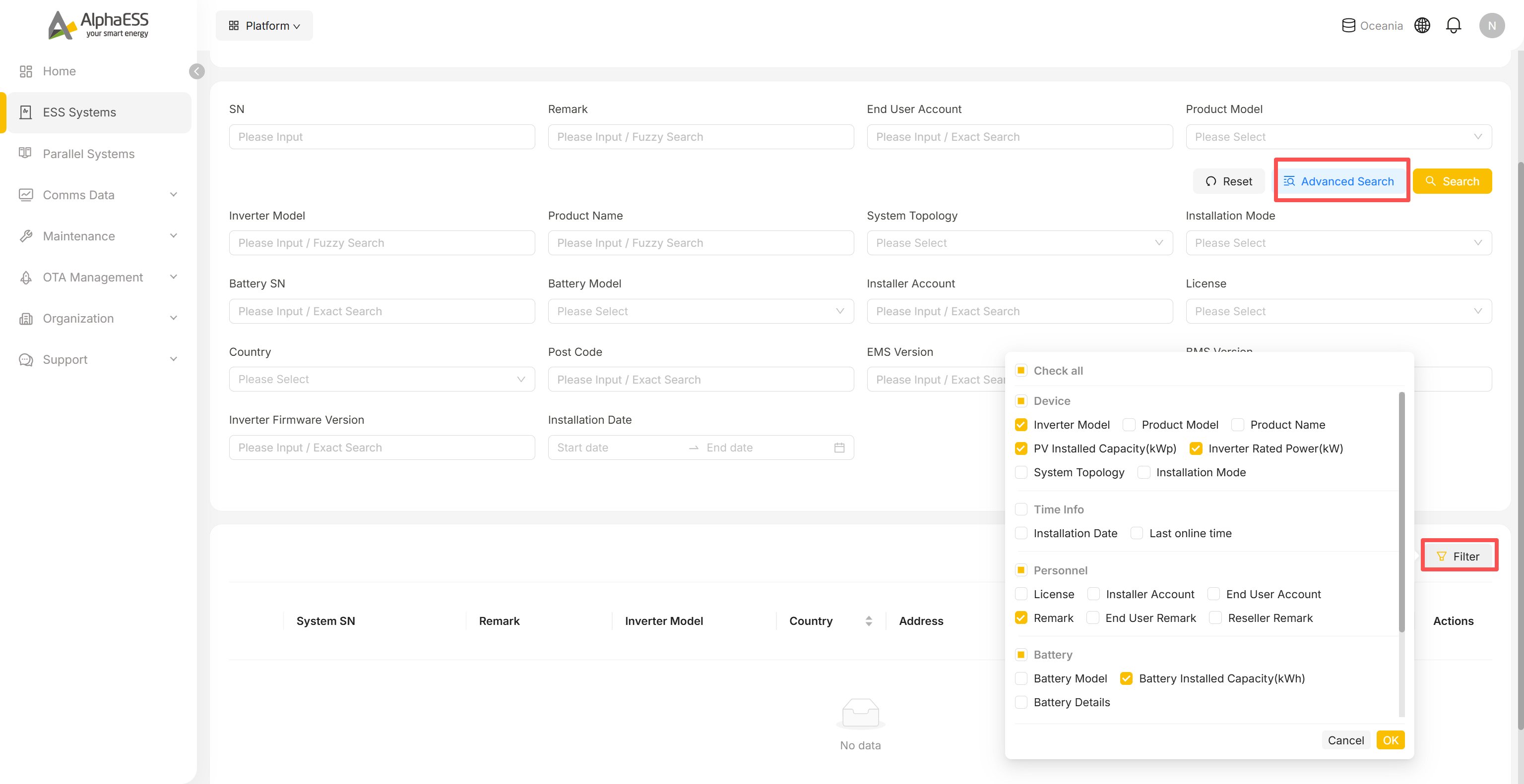 Advanced Search fields and the Filter column picker