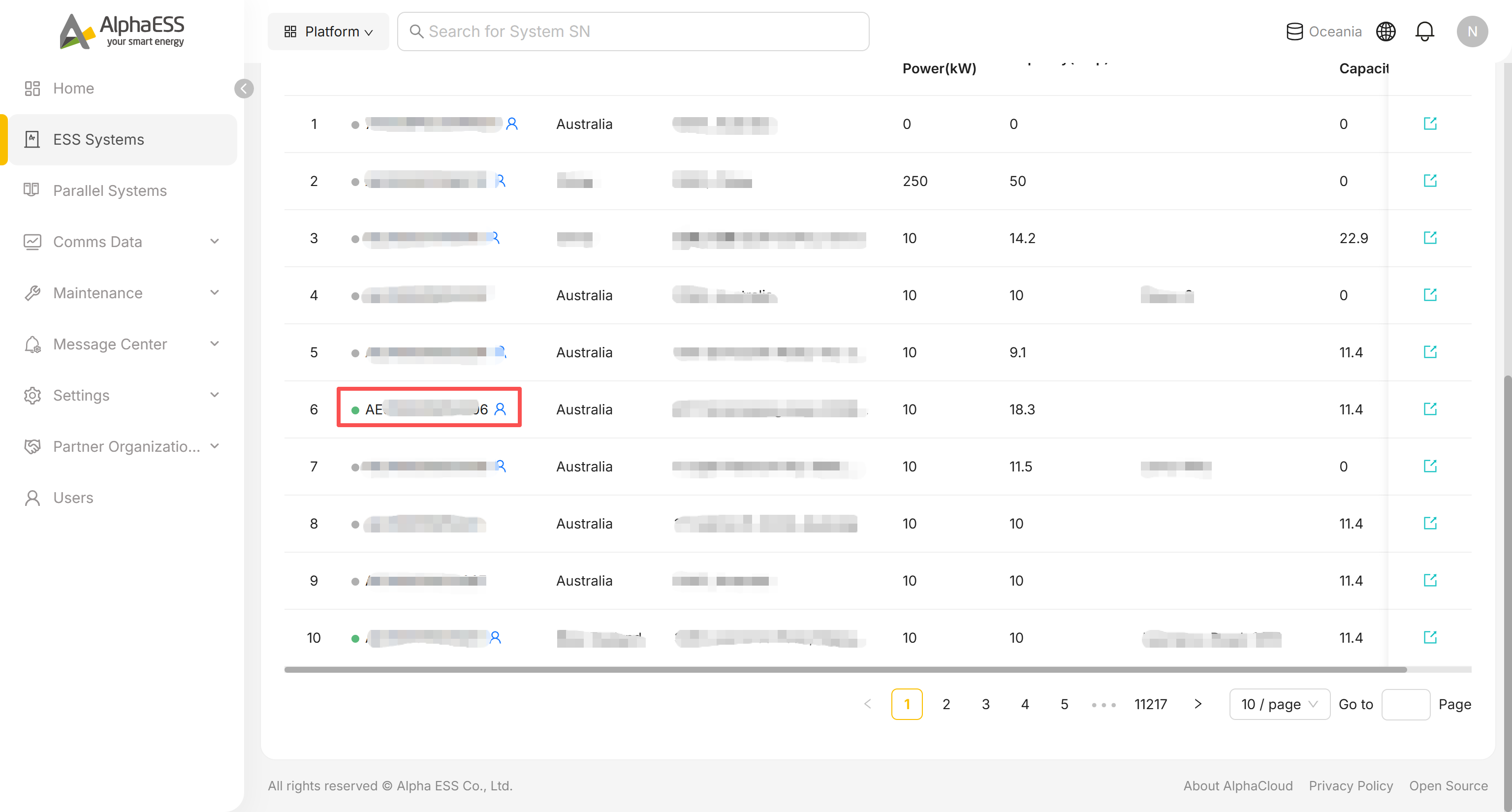 Clicking a System SN in the list