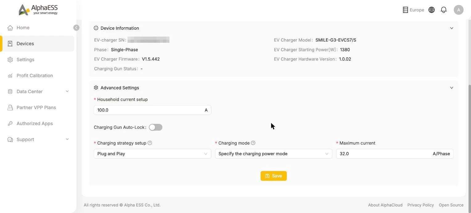 EV charger Advanced Settings