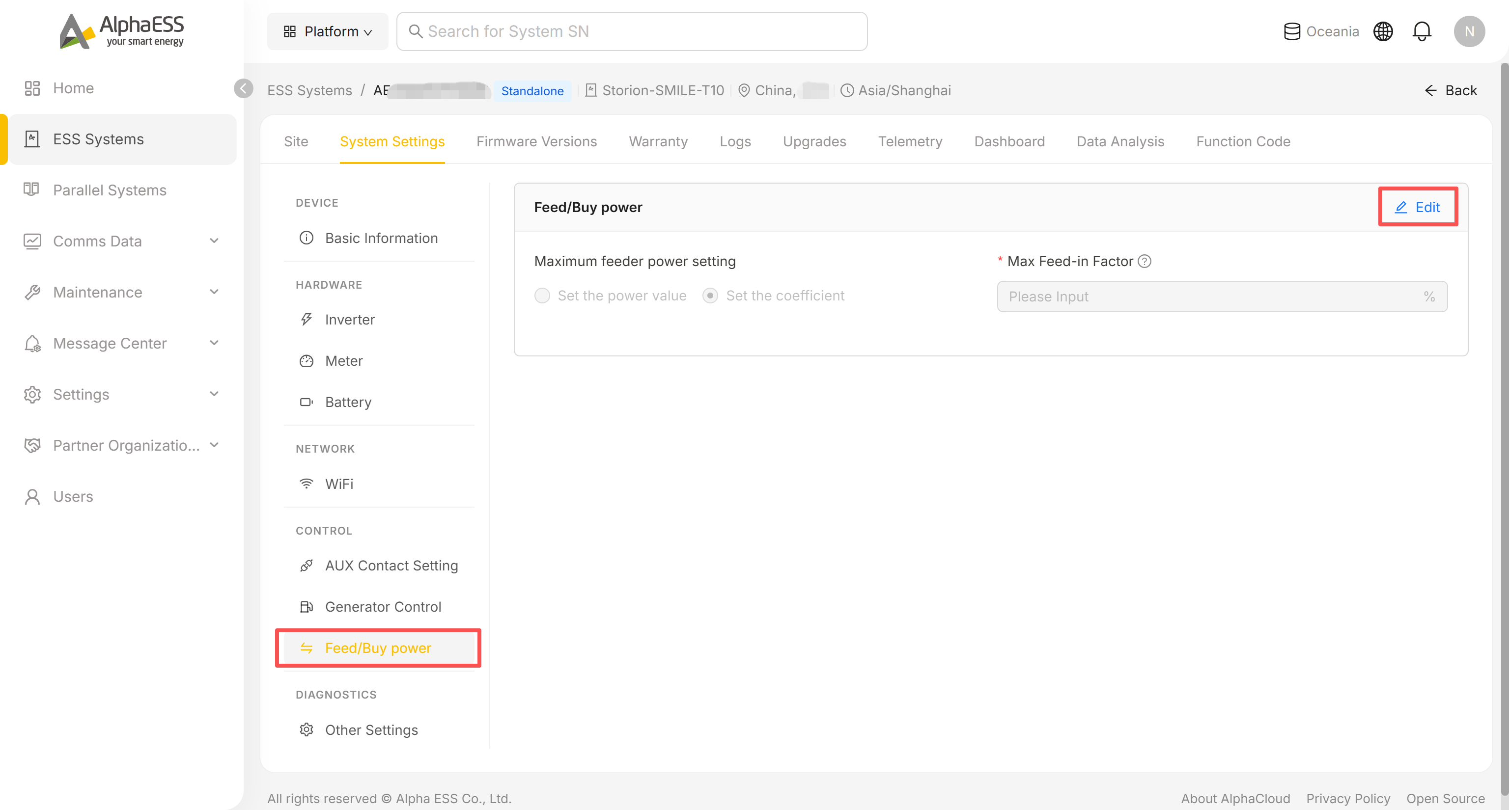 Feed/Buy power settings with power value or coefficient option