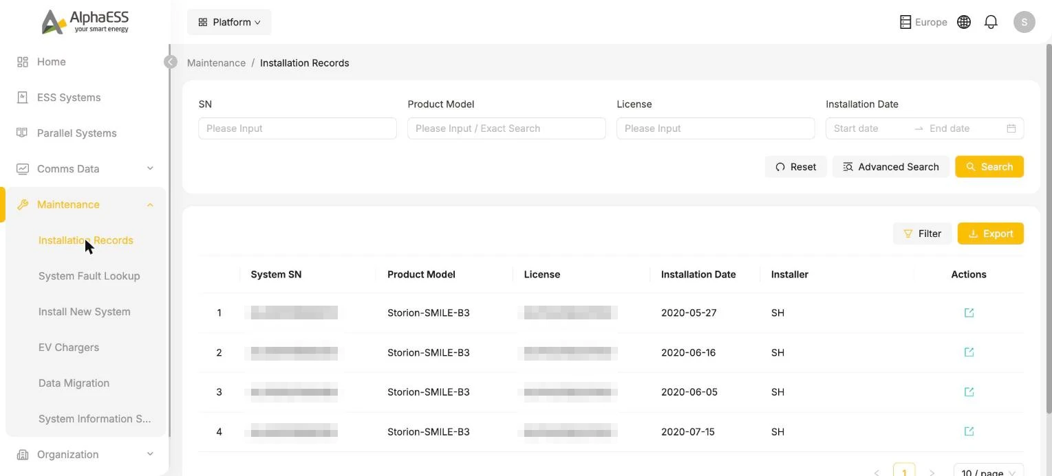 Installation records list
