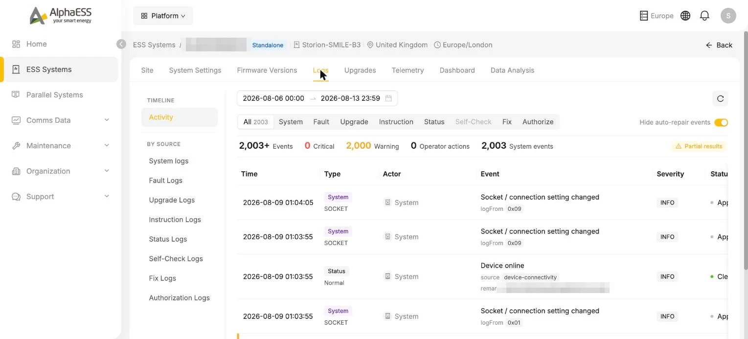 Logs timeline