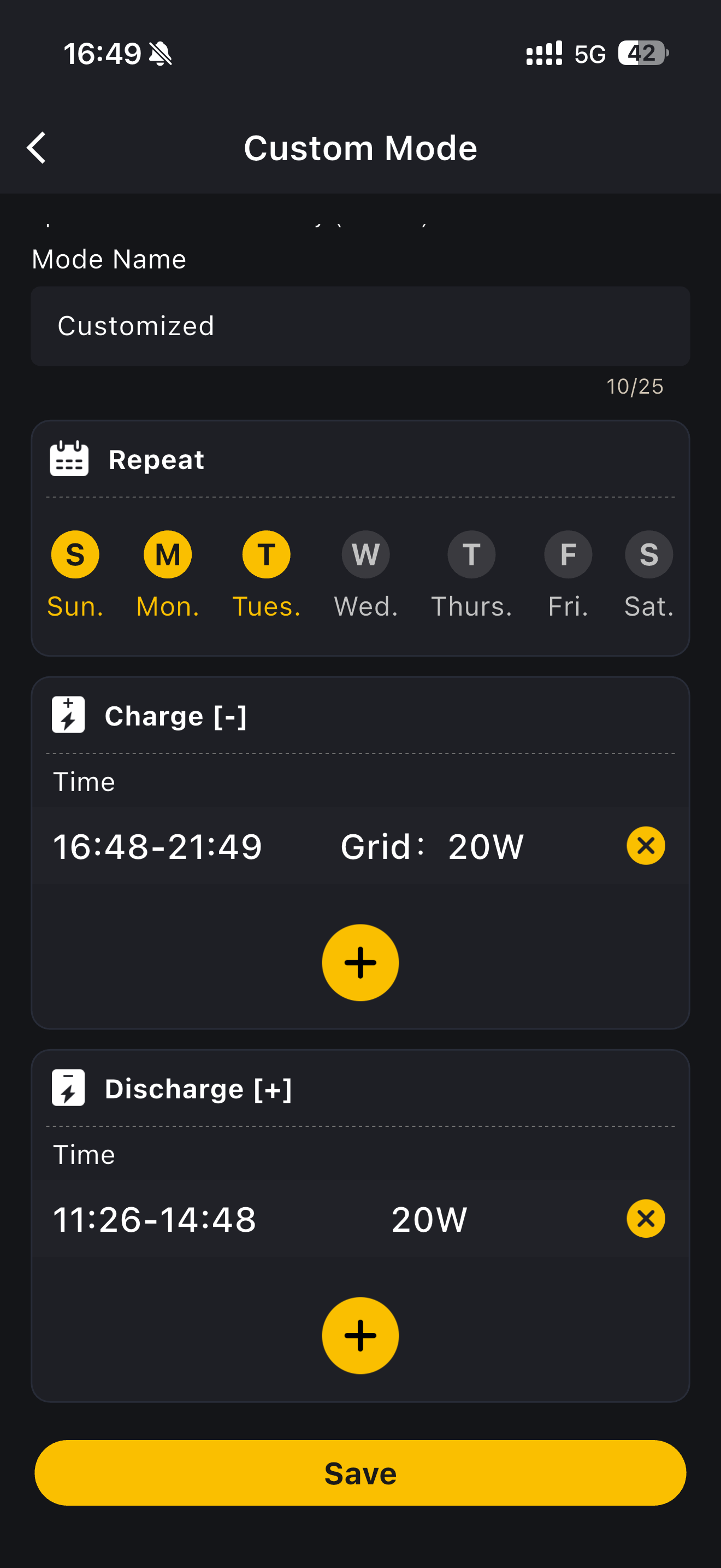 Custom mode settings with mode name, repeat days, and charge and discharge periods