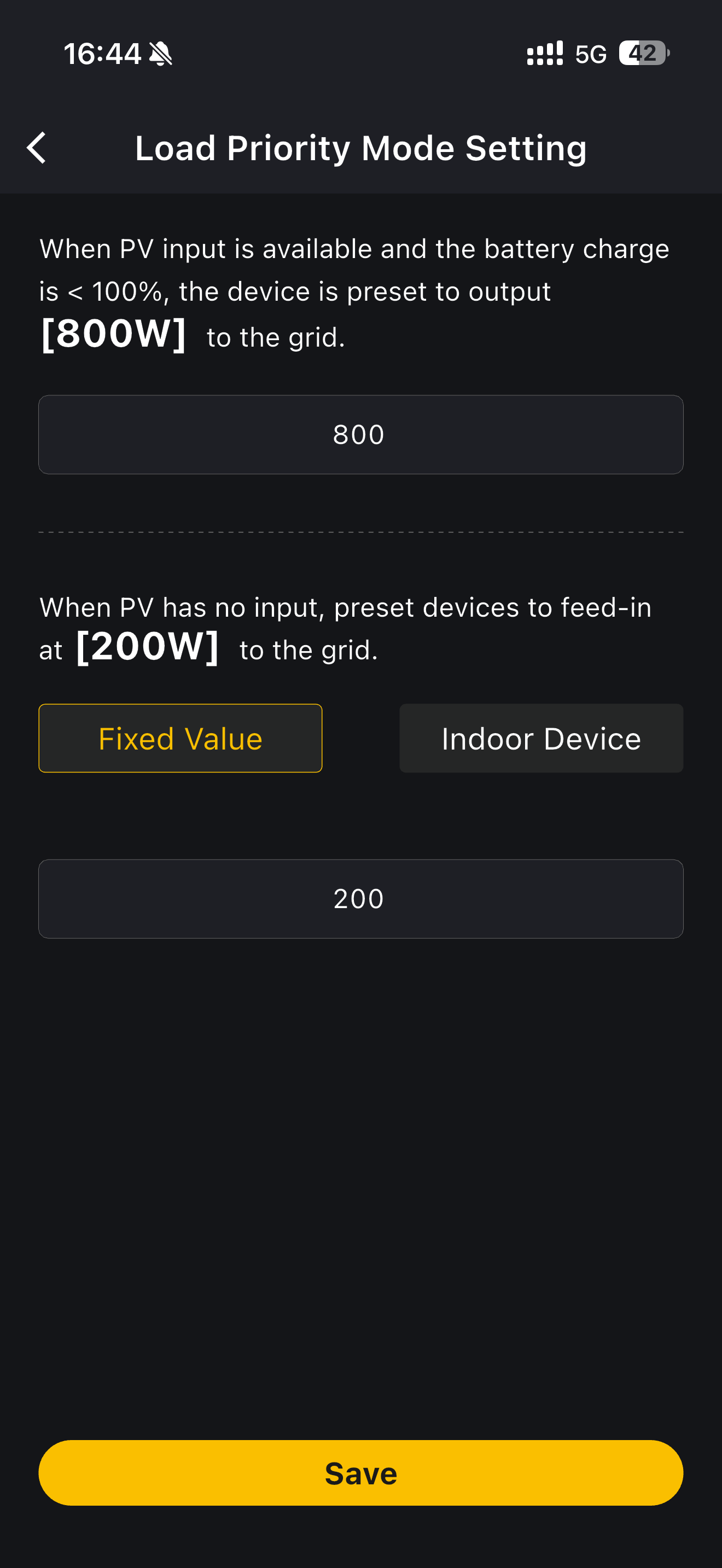 Load priority mode settings with the two grid feed-in power fields