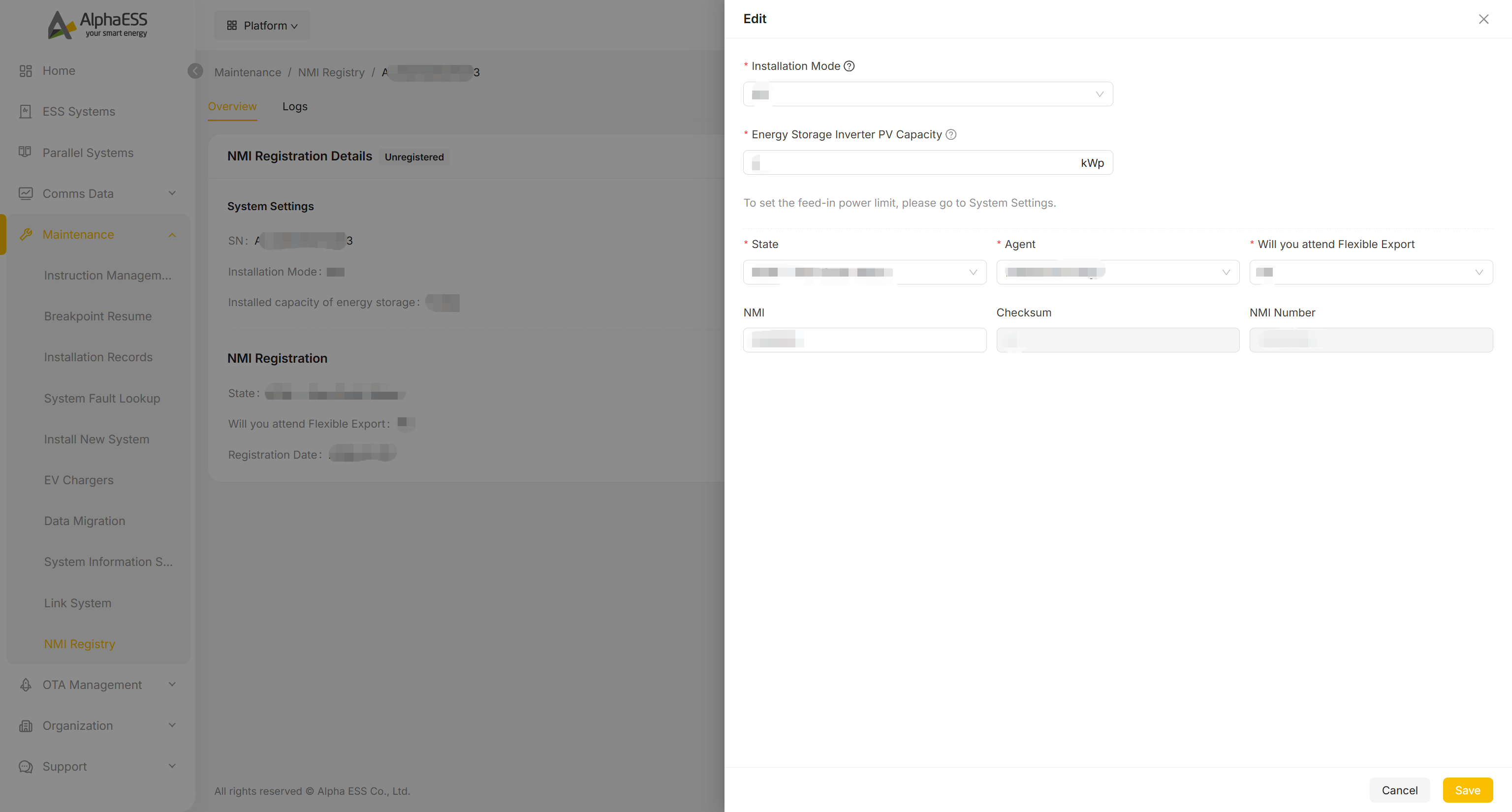 Edit NMI registration: Installation Mode, PV Capacity, State, Agent, Flexible Export and NMI
