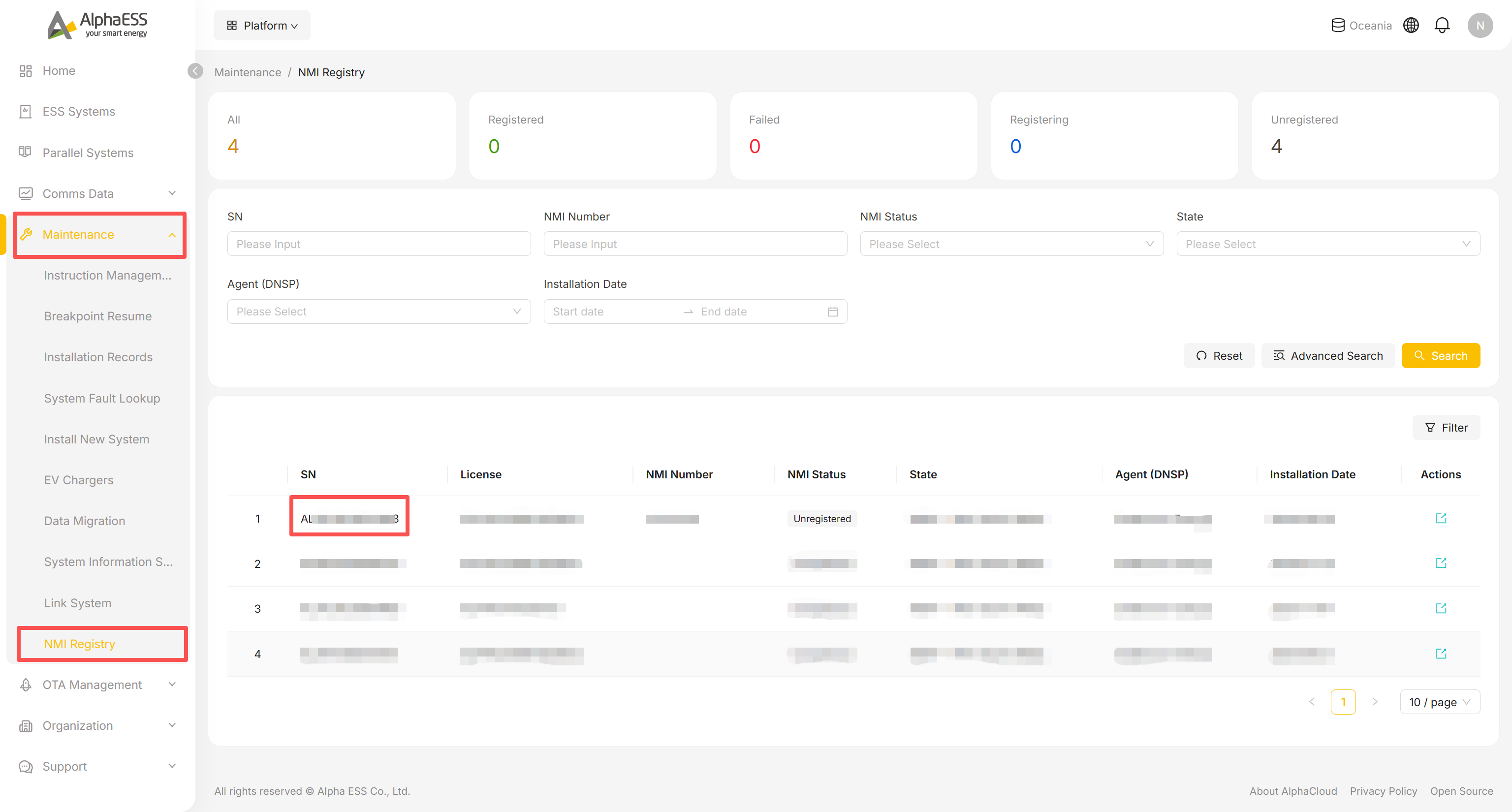 NMI Registry list: status cards, filters and the result table