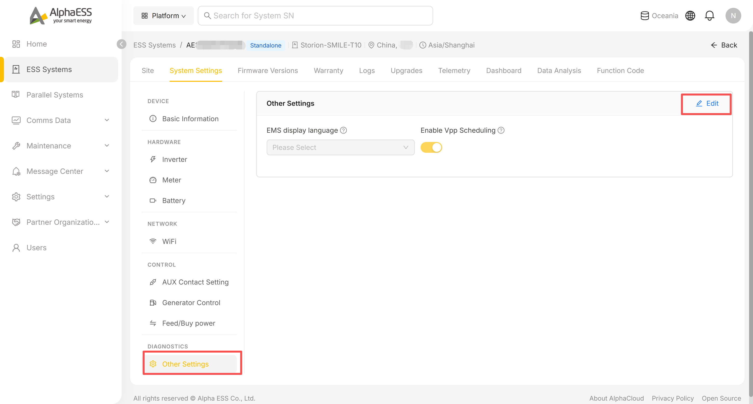 Other Settings with EMS display language and Enable Vpp Scheduling