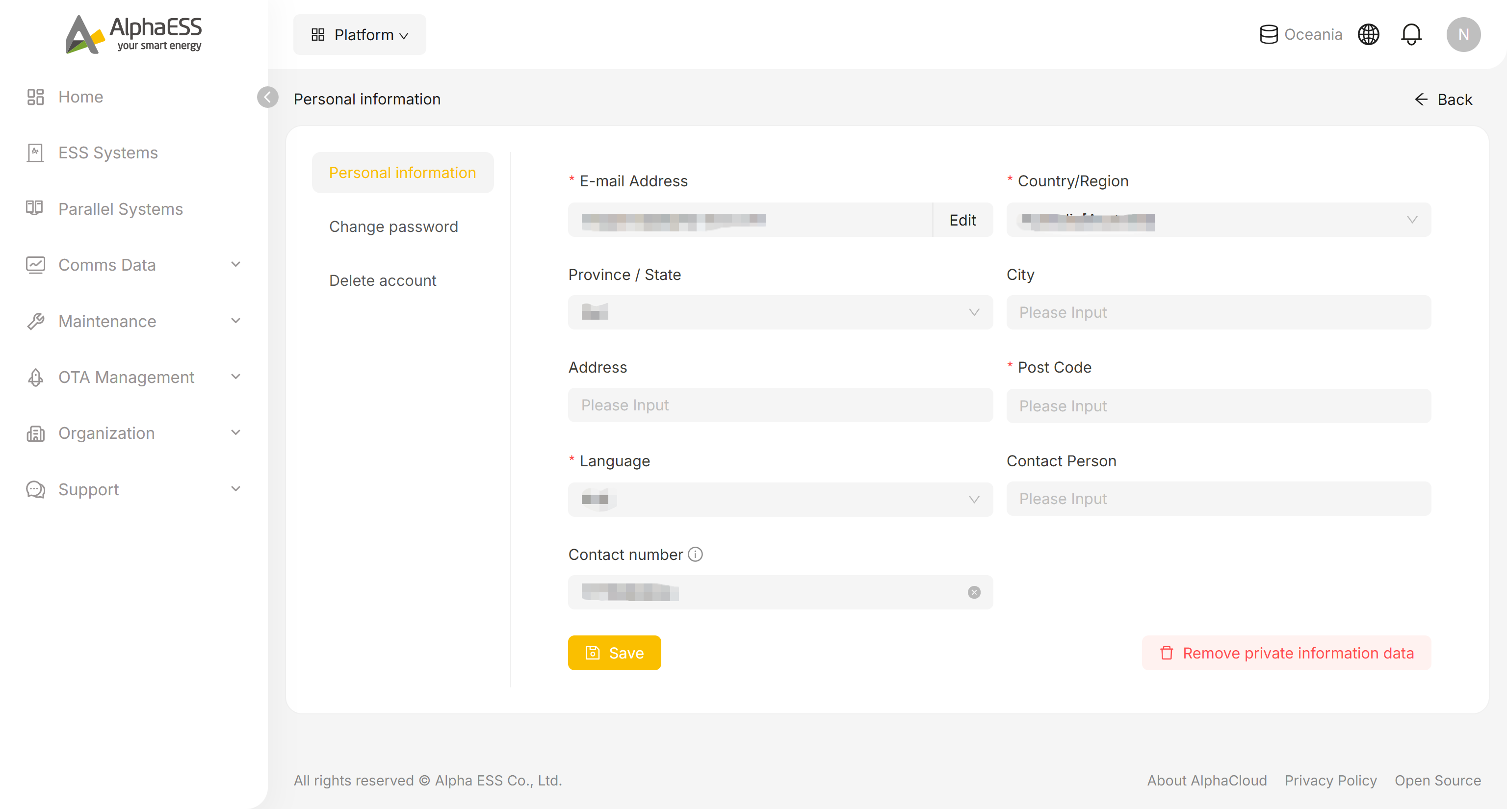 Personal information tab