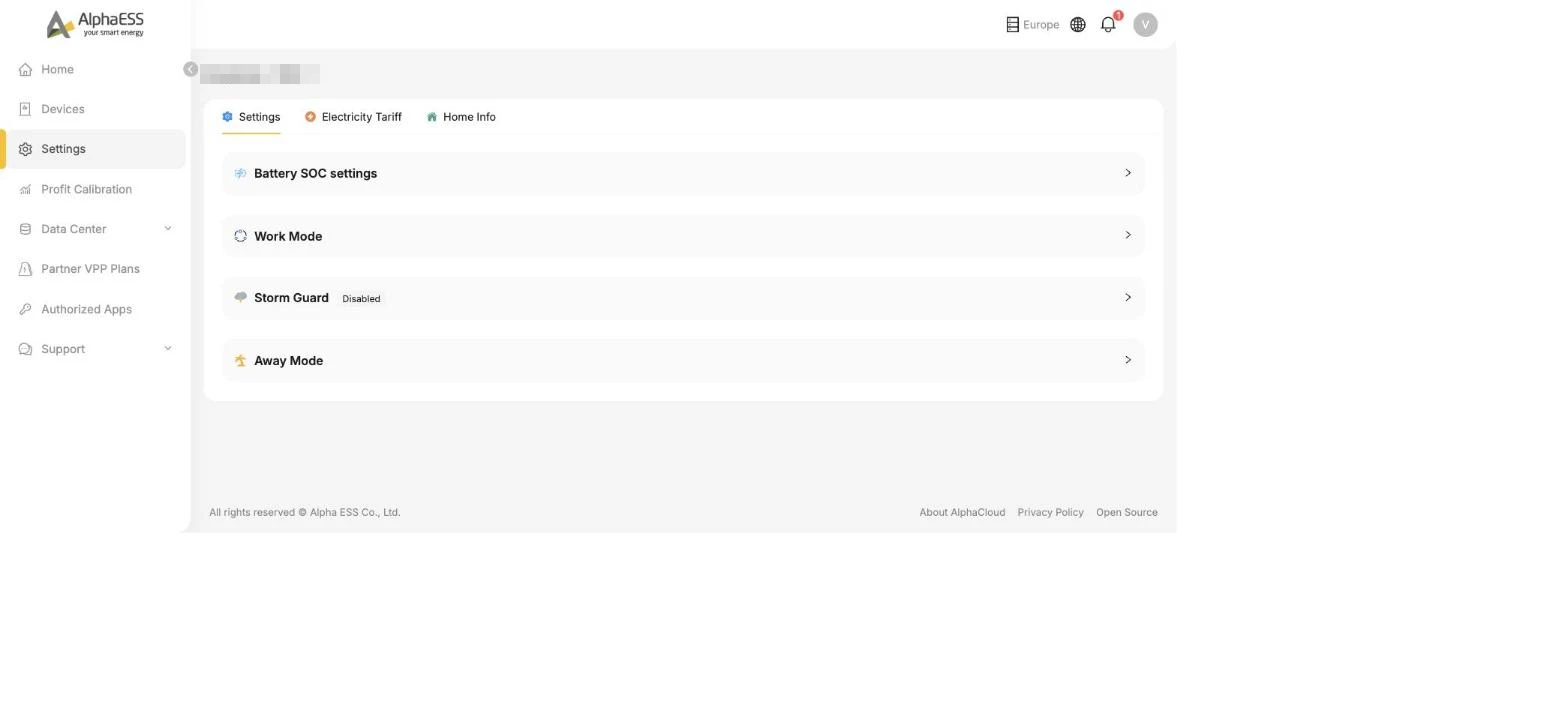 Settings page