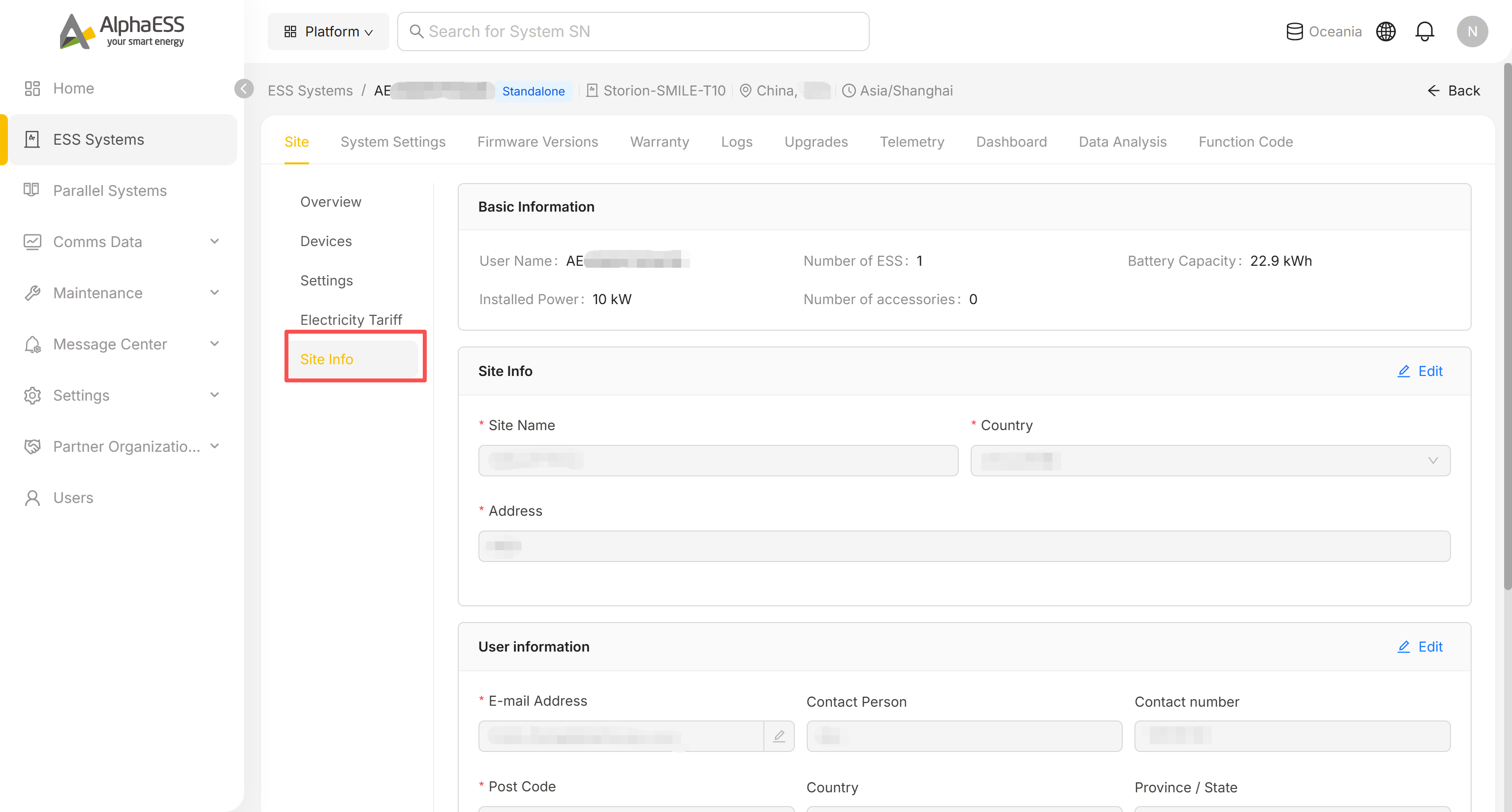 Site Info tab showing Basic Information, Site Info and User information