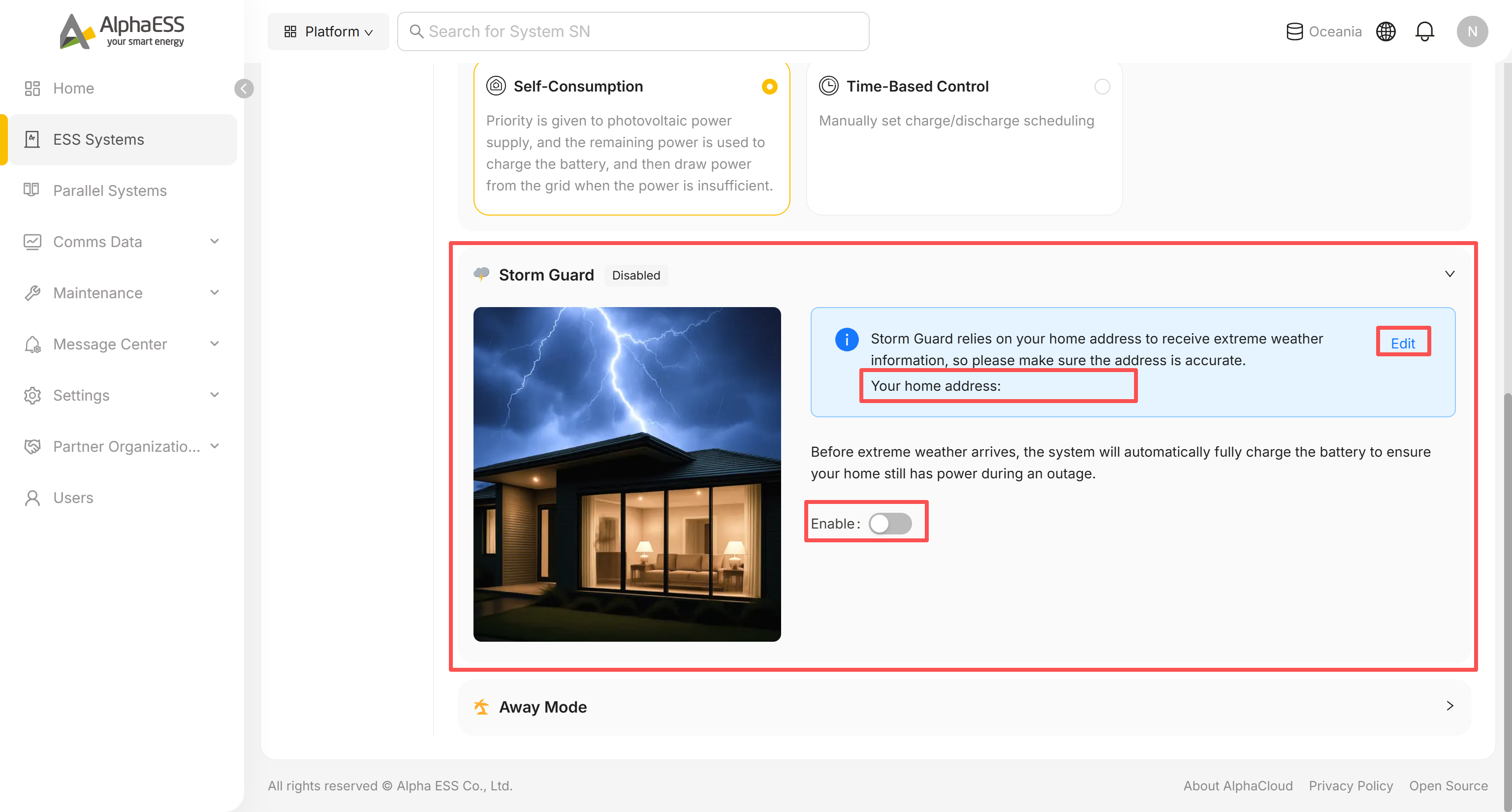 Storm Guard expanded, showing the address confirmation and Enable switch