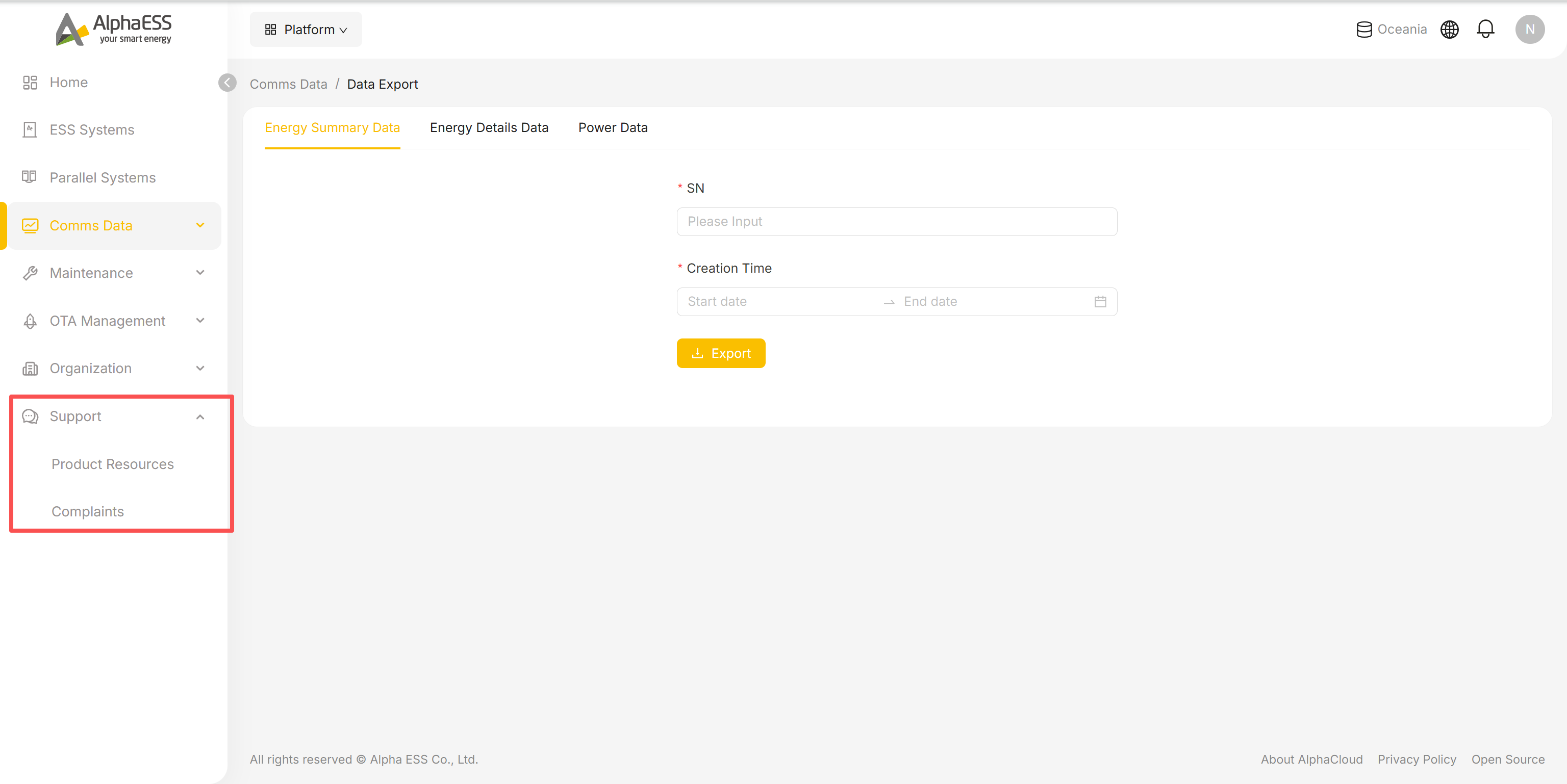 Support submenu: Product Resources and Complaints