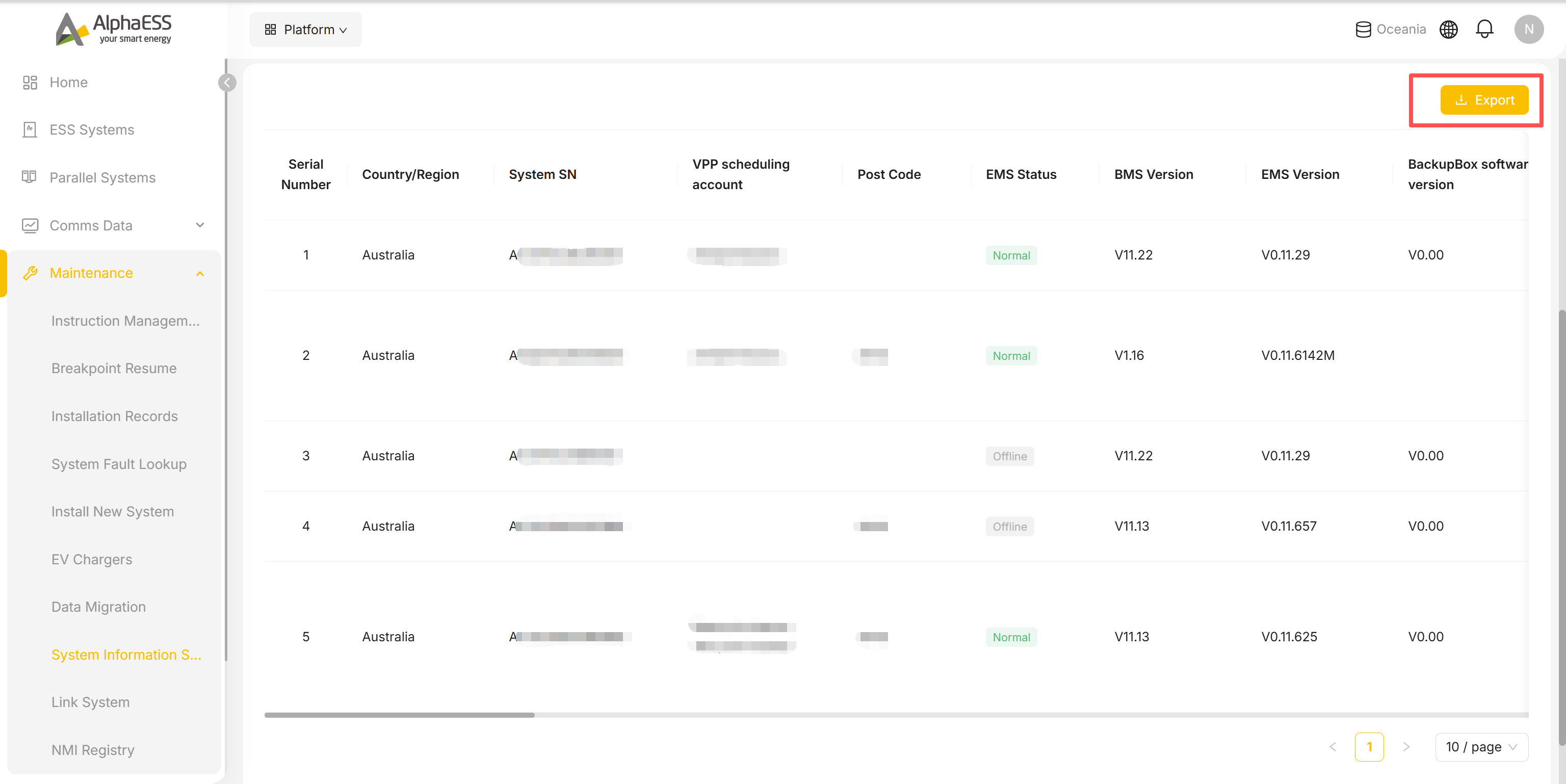 System Information Summary result table