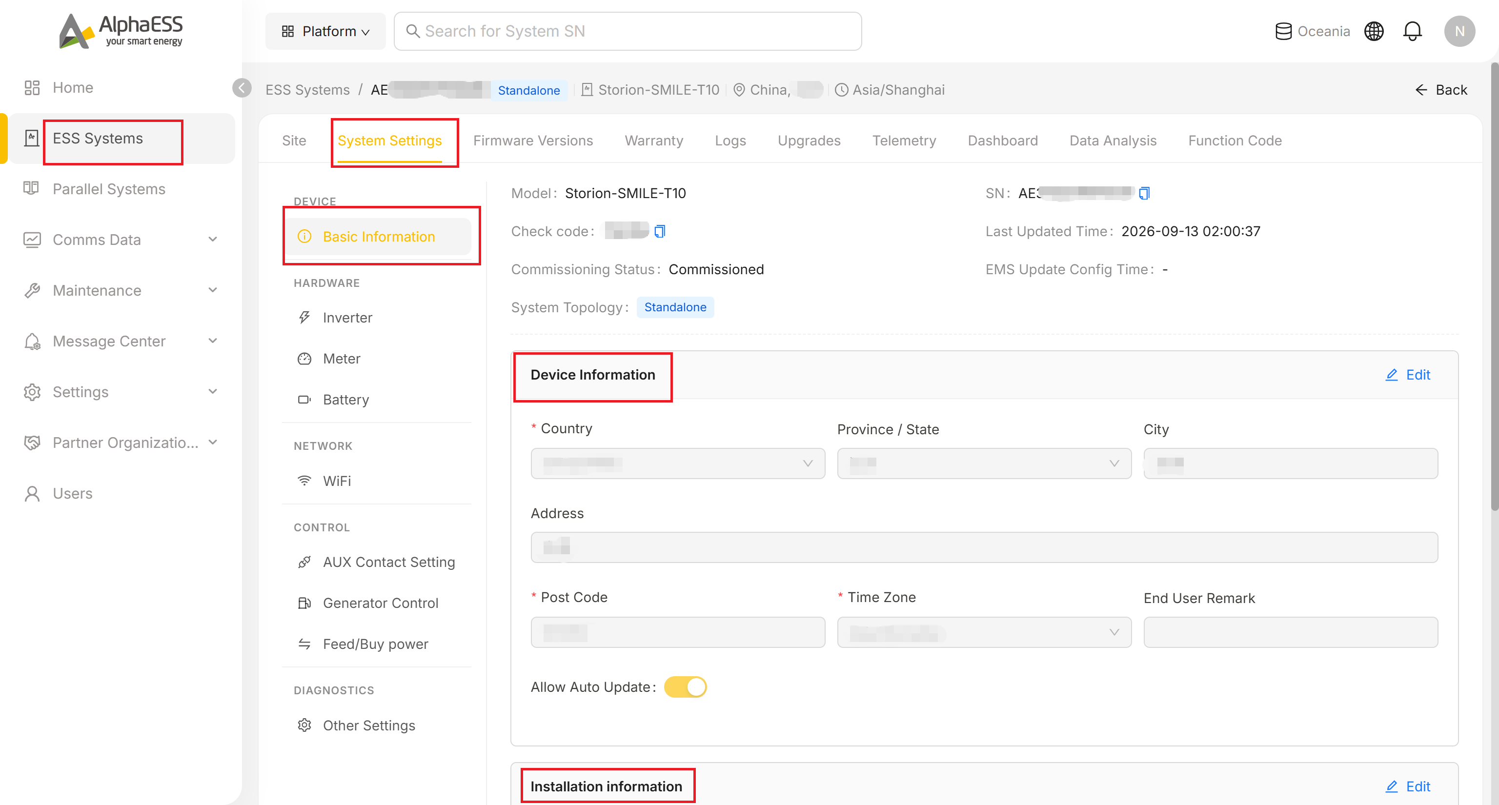 System Settings → Basic Information, with Device Information and Installation information