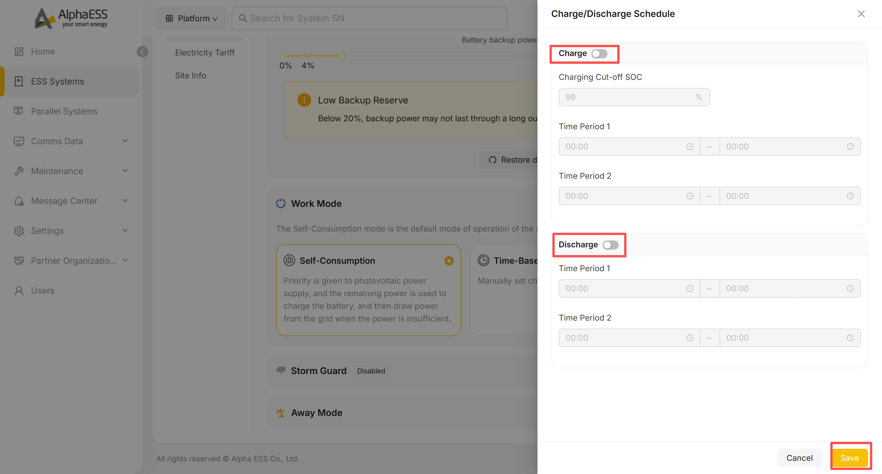 Charge/Discharge Schedule panel opened from Time-Based Control